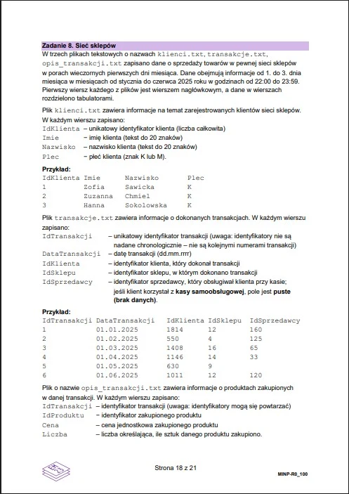 Strona dokumentu prezentująca treść zadania dotyczącego analizy plików tekstowych zawierających informacje o klientach, transakcjach i produktach w sieci sklepów, z przykładami danych i szczegółowymi opisami struktury plików oraz wymagań dotyczących za...