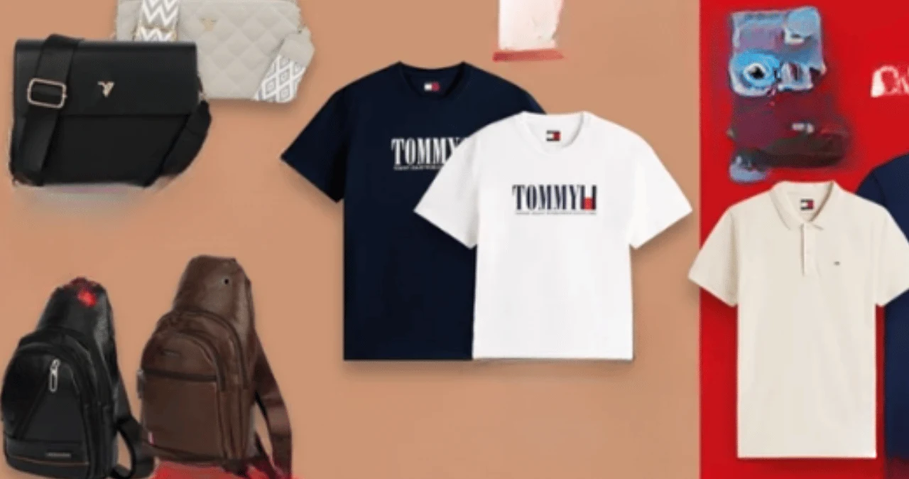 Kaufland: torebki oraz markowe koszulki Dwie koszulki Tommy Hilfiger z krótkim rękawem, torby na ramię i plecaki w różnych kolorach, biała koszulka polo, tło w odcieniach beżu i czerwieni.