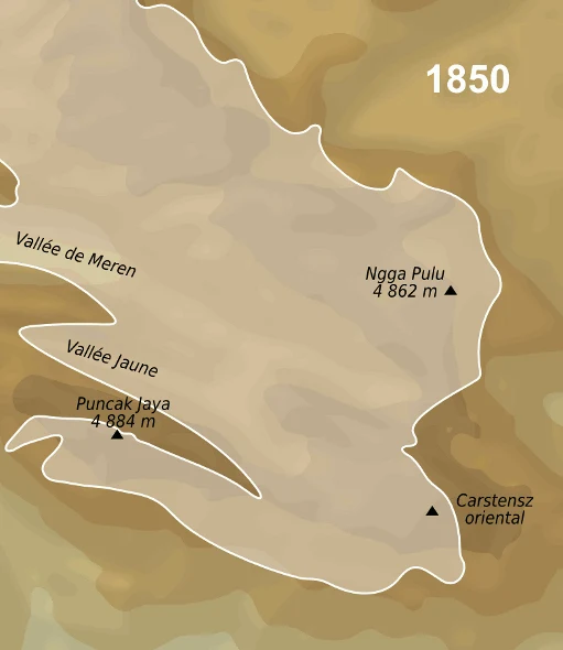 Zasięg lodowców wokół szczytów Puncak Jaya i Ngga Pulu w 1850 r. Mapa z oznaczeniem linii zasięgu lodowców na rok 1850 wokół szczytów Puncak Jaya i Ngga Pulu w górach Papui, z nazwami dolin Vallée de Meren, Vallée Jaune oraz lokalizacją Carstensz oriental.