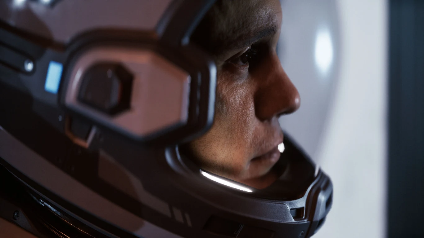 Twarz astronauty w nowoczesnym, szczelnie zamkniętym hełmie z widocznymi detalami konstrukcyjnymi, oświetlona zimnym światłem.