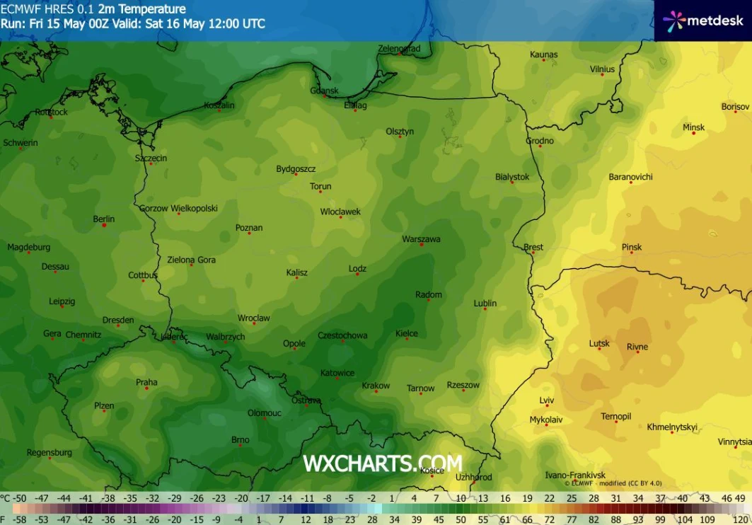 Mapa Polski z prognozą temperatur na 16 maja, z zachodnią częścią kraju w chłodniejszych, zielonych odcieniach, a wschodnią w cieplejszych, żółto-pomarańczowych barwach, wskazując wyraźny kontrast termiczny pomiędzy częściami kraju.