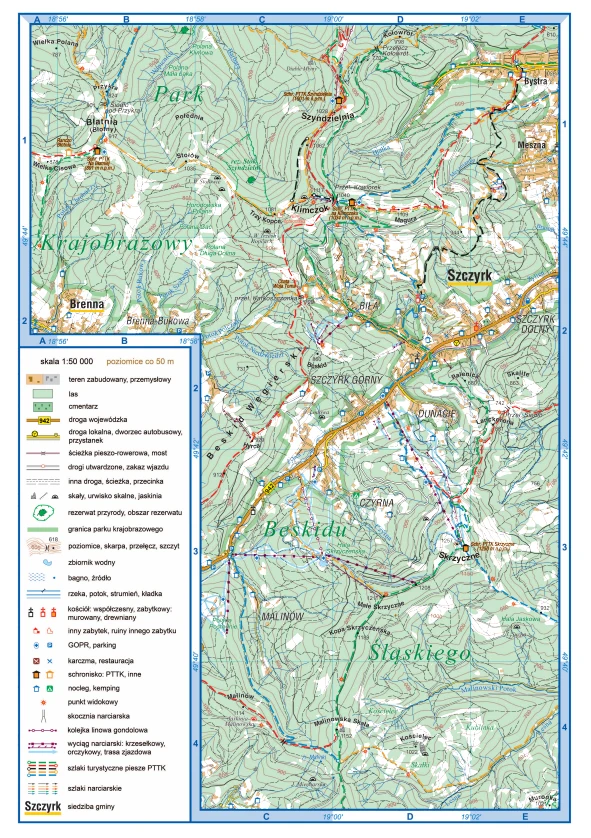 Kolorowa mapa topograficzna okolic Szczyrku, Brennej i Beskidu Śląskiego z oznaczeniem szlaków turystycznych, punktów orientacyjnych oraz terenów leśnych i górskich.