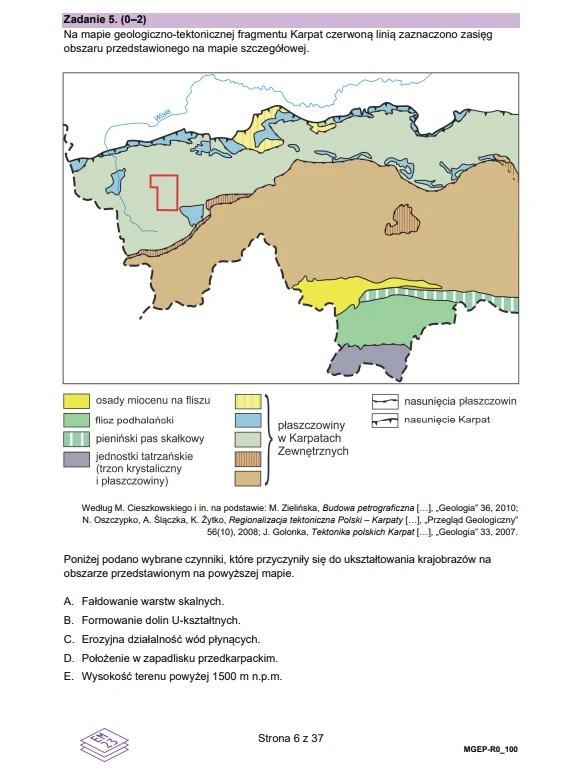 Mapa geologiczno-tektoniczna fragmentu Karpat z zaznaczonym czerwonym konturem wycinka, przedstawiająca zróżnicowane jednostki geologiczne: osady mioceńskie na fliszu, skały podchłodniowe, platformę paleogeńską i paleozoiczną, monoklinę przedkarpacką, ...