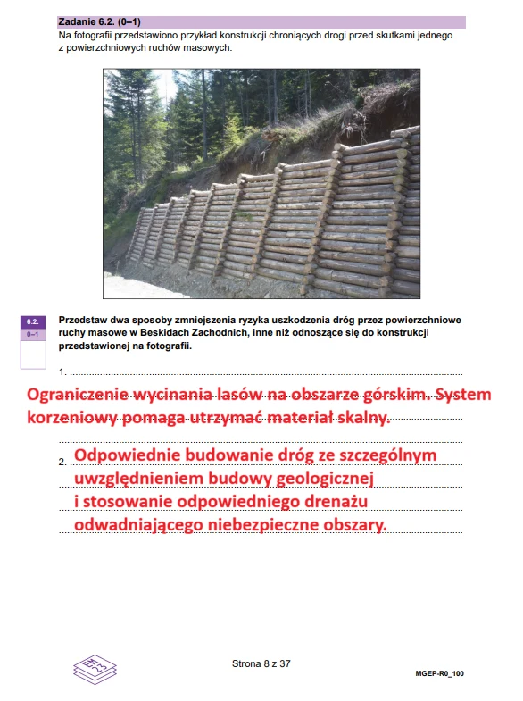Drewniana konstrukcja oporowa z bali zabezpieczająca stok przed osuwaniem się ziemi, zlokalizowana przy górskiej drodze, otoczona gęstym lasem iglastym.
