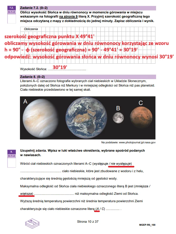 Fragment arkusza zadań z geografii z rozwiązaniem polegającym na obliczeniu wysokości górowania Słońca, ilustracją planet Układu Słonecznego oraz zadaniami dotyczącymi położenia Słońca i ruchu Ziemi.