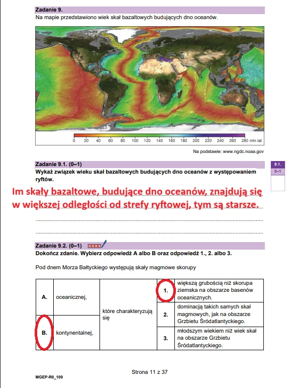Mapa świata z zaznaczonymi wiekowymi strefami bazaltowych skał oceanicznych oraz fragment arkusza egzaminacyjnego z pytaniami dotyczącymi geologii i właściwości skorupy ziemskiej, z naniesionymi odpowiedziami i podkreśleniami w kolorze czerwonym.