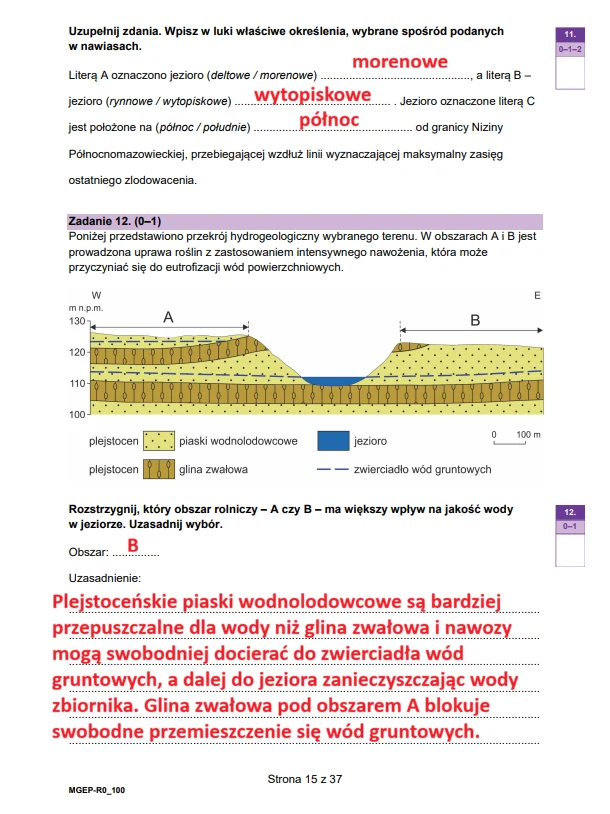 Fragment maturalnego arkusza z geografii skupiający się na zagadnieniu budowy geologicznej obszaru polodowcowego z widocznym przekrojem przez oś jeziora oraz wyraźnie zaznaczonymi warstwami morenowymi, piaskami wodnolodowcowymi i gliną zwałową, uzupełn...