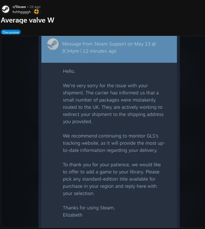 Zrzut ekranu wiadomości od wsparcia Steam, w której wyjaśniona jest sytuacja z błędnie wysłaną przesyłką oraz propozycja rekompensaty w postaci darmowej gry do wyboru z oferty na region użytkownika.