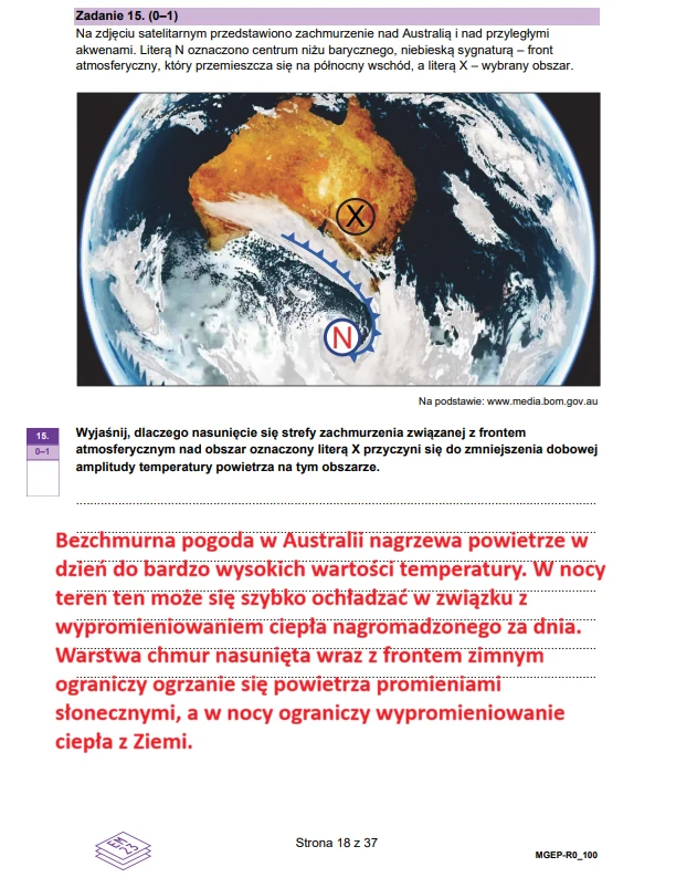 Kontynent australijski widziany z kosmosu, z wyraźnie zaznaczoną południową linią frontu atmosferycznego oraz oznaczeniami obszarów: suchy klimat kontynentalny symbolizowany literą X i strefa oddziaływania chłodnego frontu atmosferycznego literą N.