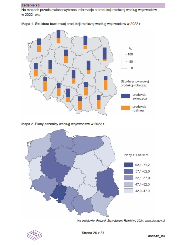 Mapa Polski z podziałem na województwa, gdzie górna część obrazu pokazuje udział produkcji zwierzęcej i roślinnej w strukturze towarowej produkcji rolniczej w 2022 roku za pomocą pionowych słupków w dwóch kolorach, natomiast dolna mapa prezentuje zróżn...