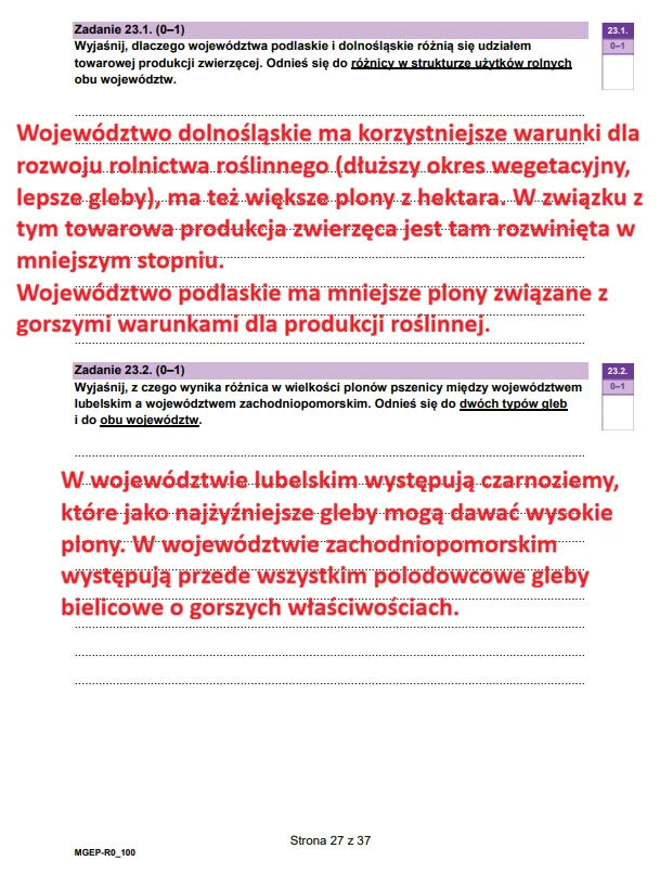Fragment podręcznika zawierający polecenia z geografii dotyczące rolnictwa oraz odpowiedzi wyróżnione czerwonym kolorem, skupiające się na warunkach glebowych i plonach w poszczególnych województwach Polski.