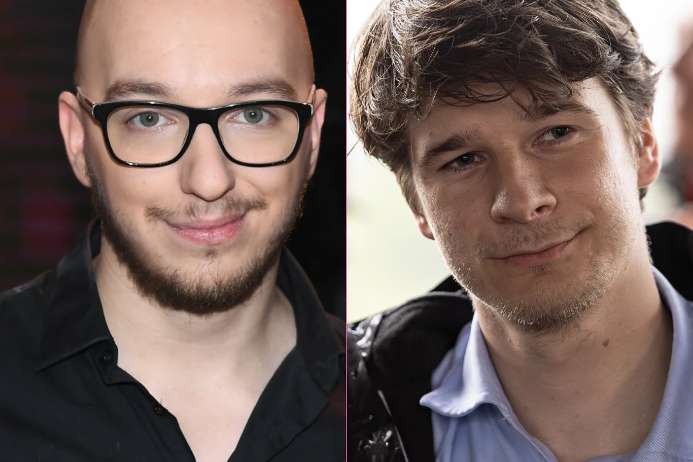 Dwie osoby z wyraźnie różniącym się wyglądem: po lewej mężczyzna z okularami, brodą i ogoloną głową, po prawej mężczyzna z jasnobrązowymi włosami i lekkim zarostem, ubrany w koszulę i kurtkę.