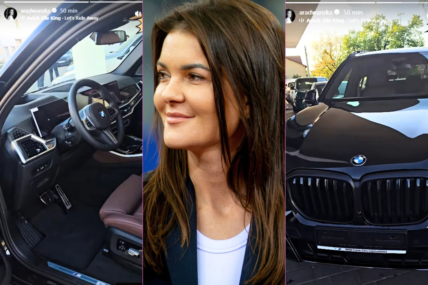 Luksusowy samochód BMW w czarnym kolorze, z widocznym nowoczesnym wnętrzem oraz kobieta z długimi, brązowymi włosami i lekkim uśmiechem.
