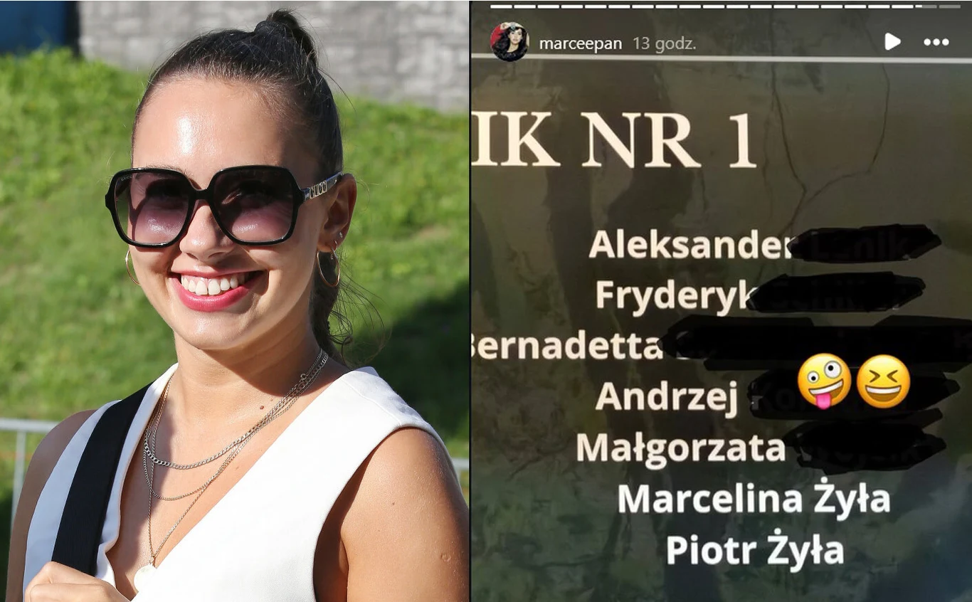 Uśmiechnięta kobieta w dużych okularach przeciwsłonecznych i białym topie na tle zielonej trawy oraz lista imion i nazwisk w jasnym kolorze na ciemnym tle z graficznymi naklejkami na części tekstu.