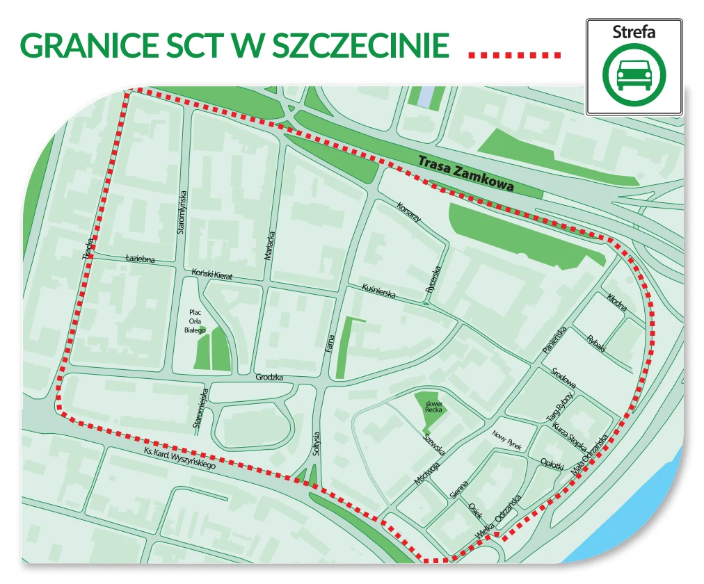 Mapa Strefy Czystego Transportu w Szczecinie Mapa Szczecina z wyraźnie zaznaczonymi na czerwono granicami Strefy Czystego Transportu, obejmującymi fragmenty ulic m.in. Trasa Zamkowa, Matejki i Wyszyńskiego; w prawym górnym rogu symbol zielonego auta z opisem „Strefa”.