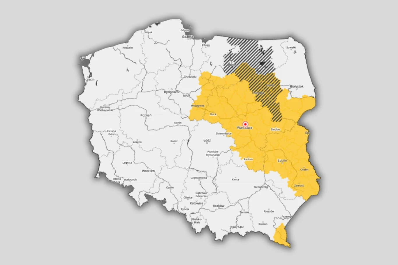 Ostrzeżenia IMGW pierwszego stopnia w poniedziałek obejmują obszary w sześciu województwach Mapa Polski z zaznaczonymi na żółto województwami wschodniej i południowo-wschodniej części kraju oraz dodatkowo wyszarzonym fragmentem północno-wschodniej Polski; na środku umieszczony punkt oznaczający Warszawę.