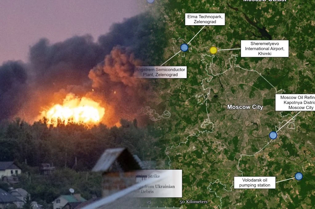 Ukraina przeprowadziła serię udanych ataków na terenie Moskwy i obwodu moskiewskiego Eksplozja i pożar na obrzeżach Moskwy, widoczna mapa z zaznaczonymi miejscami ataków i infrastrukturą.
