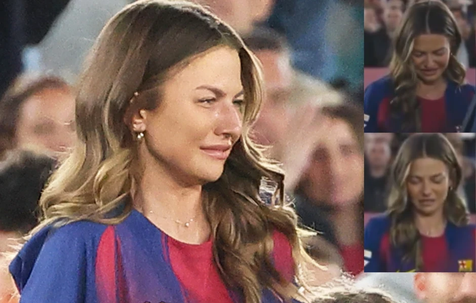 Młoda kobieta w koszulce FC Barcelony z długimi, falowanymi włosami płacze, okazując silne emocje na stadionie w otoczeniu zamazanych sylwetek innych osób.