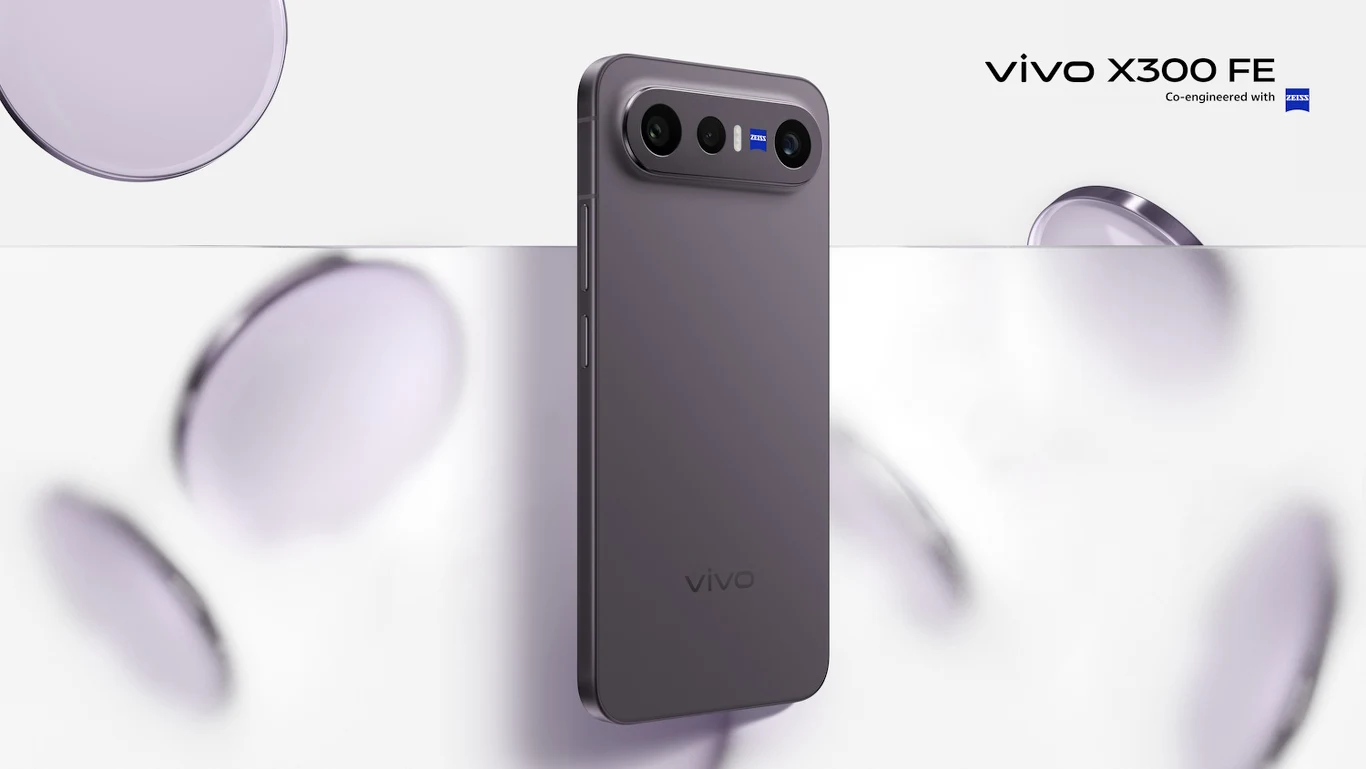 Nowoczesny smartfon vivo X300 FE w eleganckiej, matowej obudowie z podwójnym aparatem i sygnowaniem współpracy z marką Zeiss.