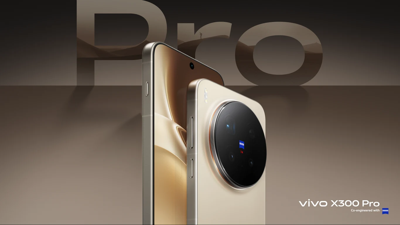 Dwa smartfony vivo X300 Pro w kolorze beżowym z widocznym dużym, okrągłym modułem aparatu sygnowanym marką Zeiss, ustawione na tle napisu „Pro”.