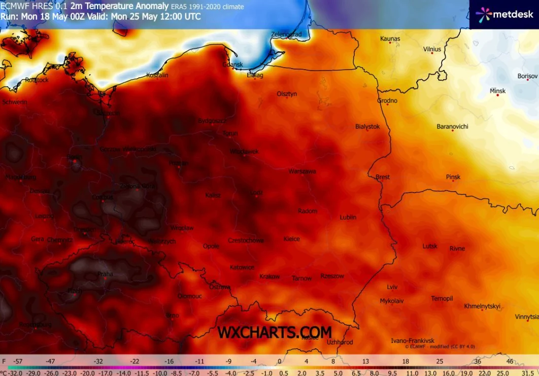 Za tydzień możemy doświadczyć pierwszego w tym roku upału. Na zachodzie tego dnia może być powyżej 30 stopni Mapa Polski i krajów ościennych z wyraźnie zaznaczonymi anomaliami temperatury powietrza, przedstawiająca przewagę intensywnych czerwonych i pomarańczowych kolorów wskazujących na znacznie podwyższone wartości względem normy wieloletniej.