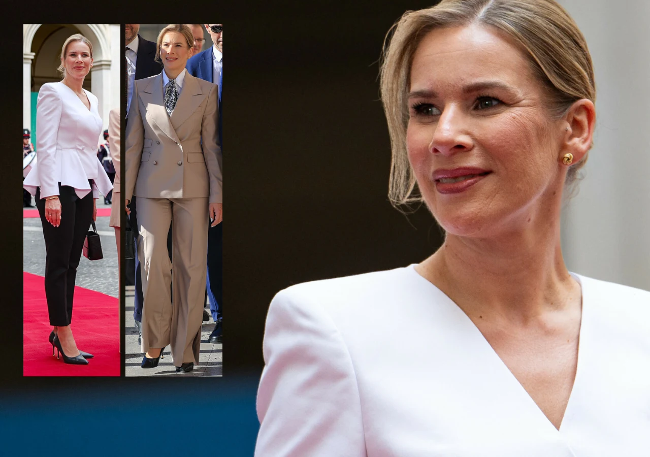 Stylizacje Marty Nawrockiej we Włoszech Kobieta w eleganckiej stylizacji z jasną marynarką i subtelnym makijażem, a obok dwie jej fotografie – jedna w białej bluzce i czarnych spodniach, druga w beżowym garniturze.