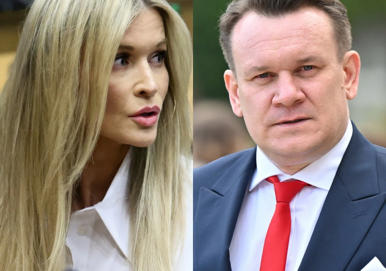 Joanna Krupa, Dominik Tarczyński Dwie osoby ubrane elegancko, kobieta z długimi blond włosami w białej koszuli oraz mężczyzna w garniturze i czerwonym krawacie.