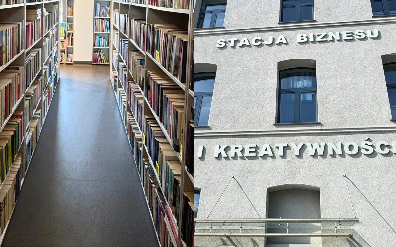 Rzędy regałów pełnych książek ustawionych w wąskim korytarzu biblioteki obok fasady nowoczesnego budynku z wyraźnym napisem „STACJA BIZNESU I KREATYWNOŚCI”.