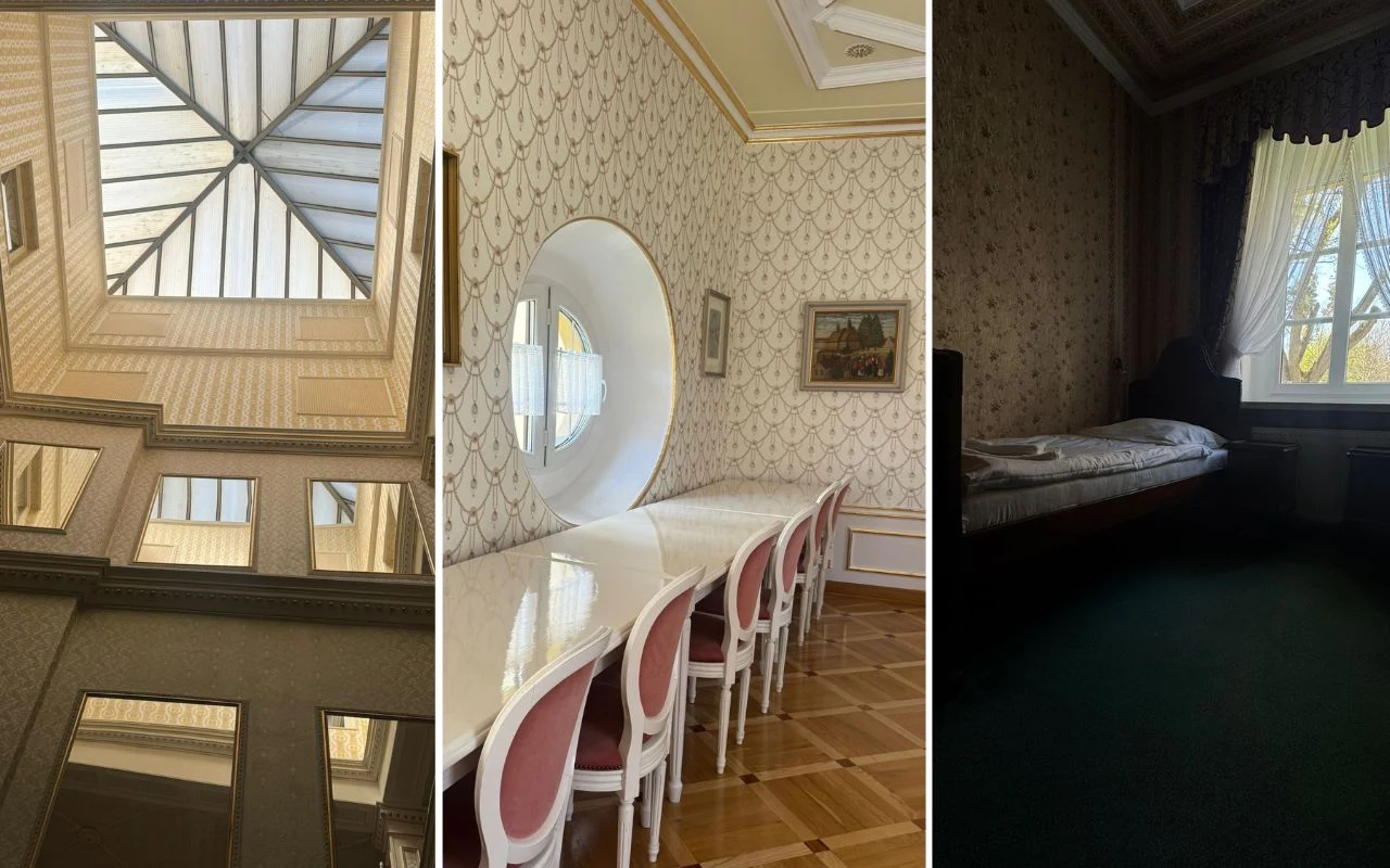 Przestronne wnętrza z geometrycznym świetlikiem, elegancka sala z długim stołem i krzesłami ustawionymi przy owalnym oknie oraz przytulna sypialnia z pojedynczym łóżkiem obok dużego, jasnego okna.