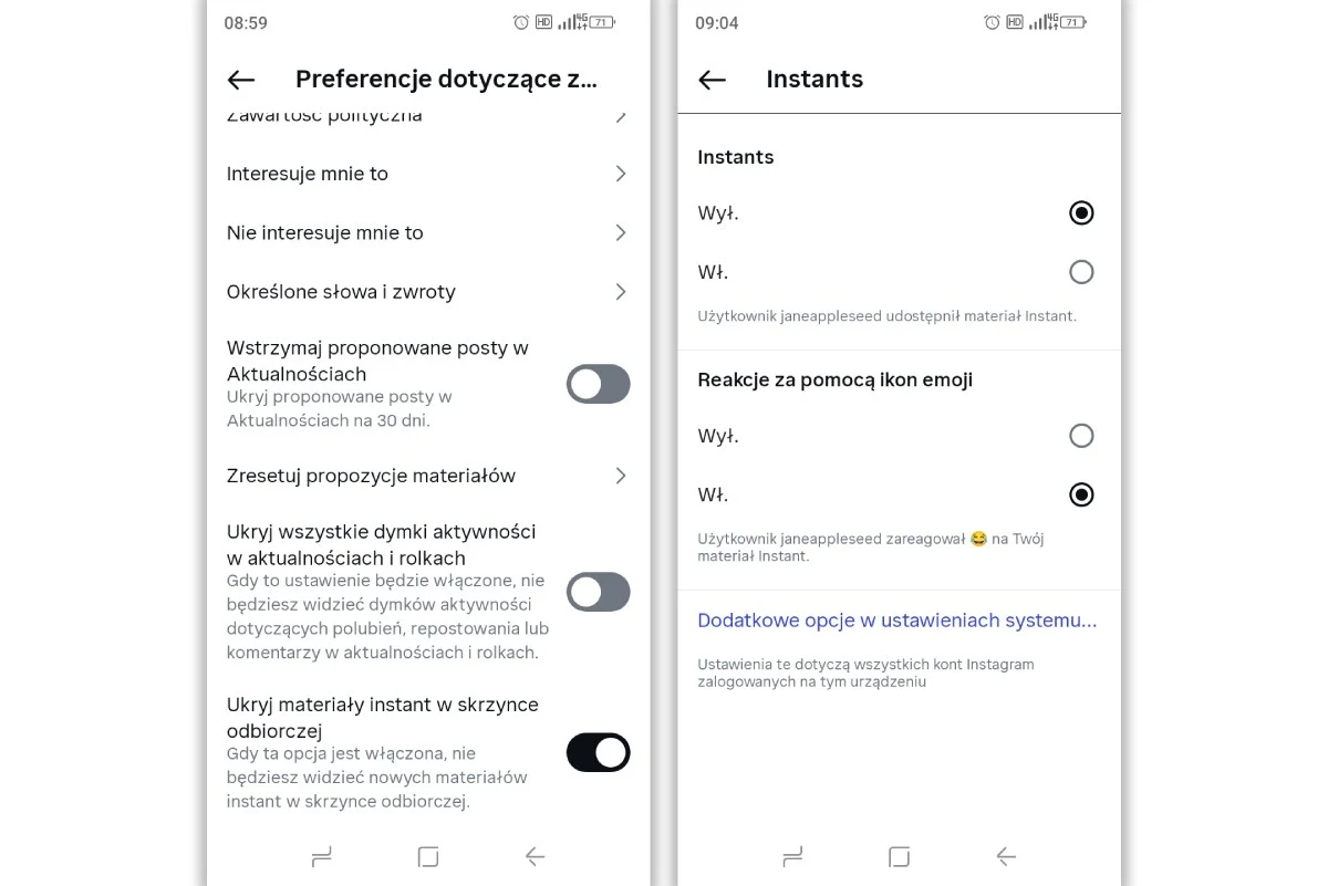 Ustawienia aplikacji z widocznymi przełącznikami wyboru i opcjami dotyczącymi preferencji wyświetlania oraz powiadomień o aktywnościach i materiałach.