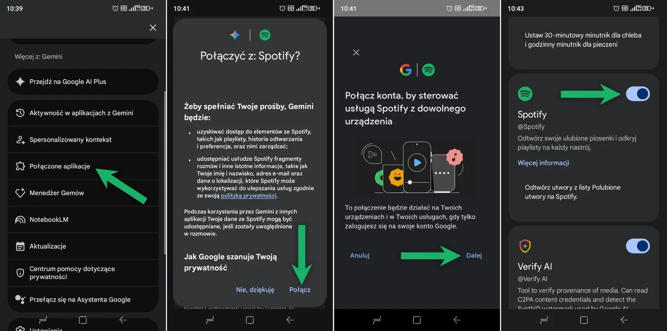 Kolejne ekrany aplikacji pokazujące proces łączenia konta Google z aplikacją Spotify, z zielonymi strzałkami wskazującymi kluczowe przyciski do użycia na każdym etapie konfiguracji.