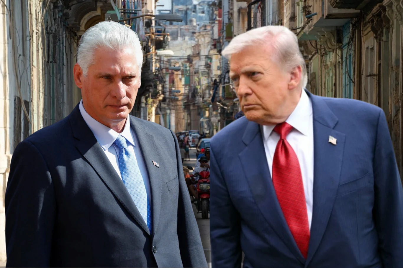 Prezydent Kuby (po lewej) ostrzega przed "nieobliczalnymi konsekwencjami" ewentualnego ataku USA na wyspę Prezydent Kuby i Donald Trump w garniturach stoją naprzeciwko siebie na tle zatłoczonej ulicy miasta.
