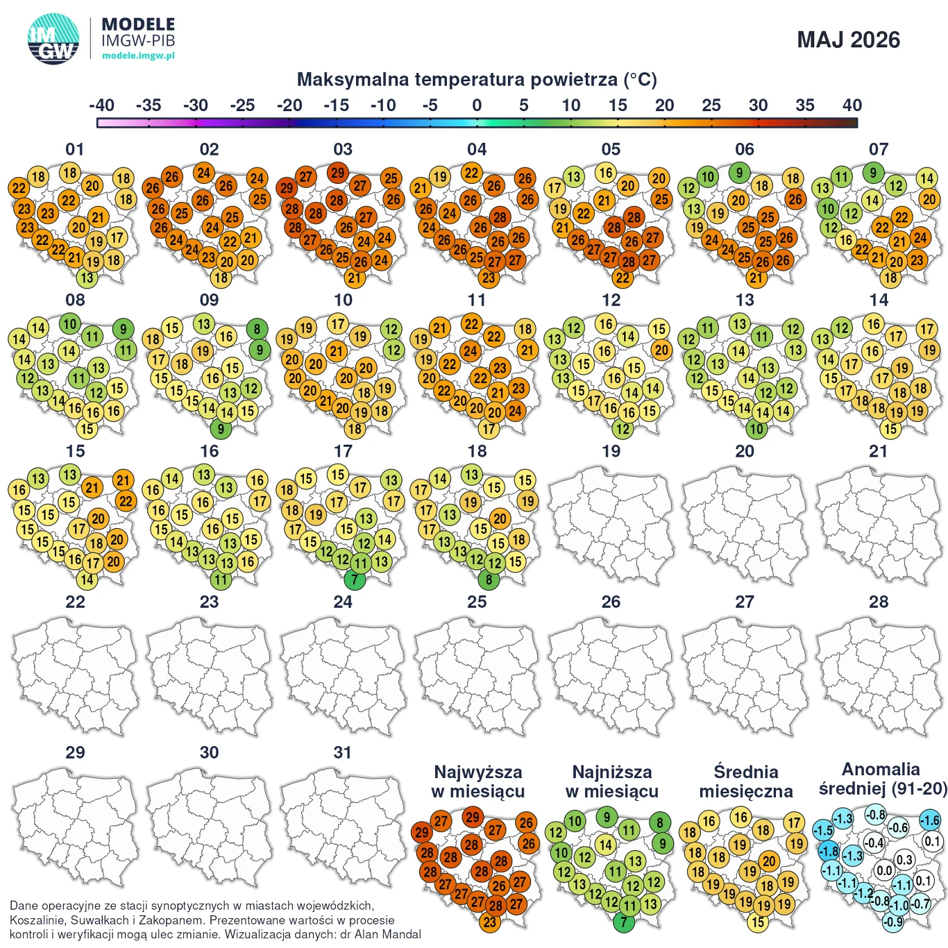 Na początku maja doświadczyliśmy fali ciepła. Wkrótce możemy mieć do czynienia z kolejną, jeszcze silniejszą Mapa przedstawiająca maksymalne temperatury powietrza w maju 2026 roku dla każdego dnia miesiąca na obszarze Polski, z zaznaczeniem najwyższych temperatur na początku miesiąca, ochłodzenia po 10 maja oraz podsumowań: najwyższej, najniższej i średniej t...