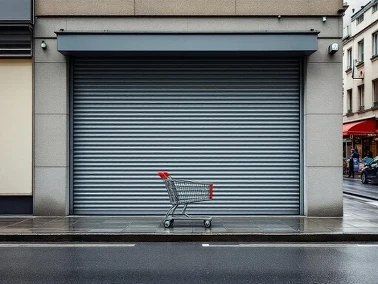 Zamknięty sklep w Boże Ciało 2026 — opuszczona krata, pusty wózek i kalendarz