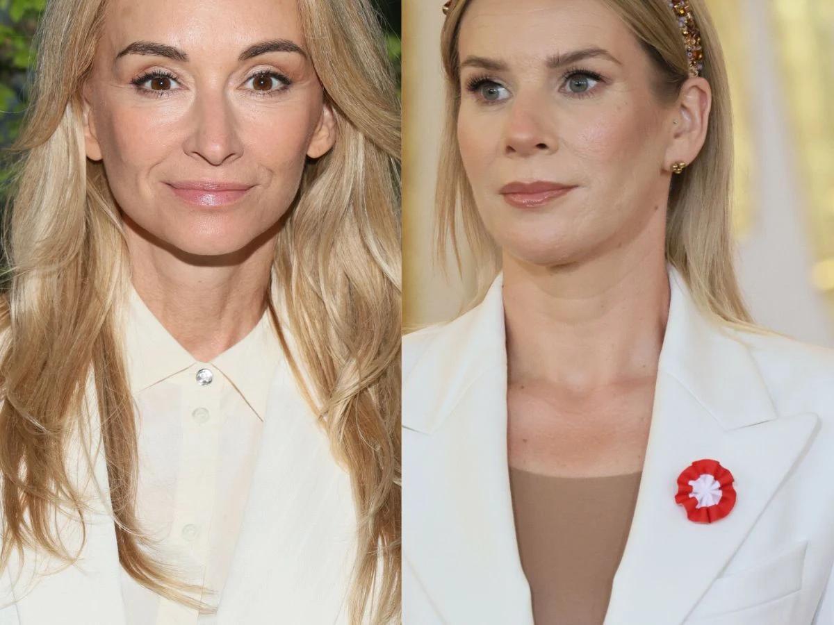 Martyna Wojciechowska, Marta Nawrocka Martyna Wojciechowska i Marta Nawrocka w eleganckich białych marynarkach, jedna ozdobiona broszką w kształcie kwiatu.