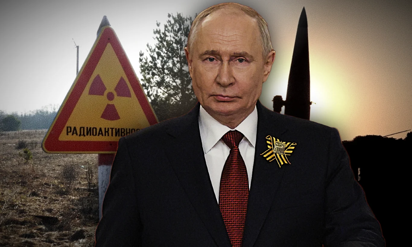 Rosja wykorzystuje broń jądrową do szantażu i utrzymania statutu mocarstwa Prezydent Rosji Władimir Putin na tle rakiety broni jądrowej i znaku radioaktywności