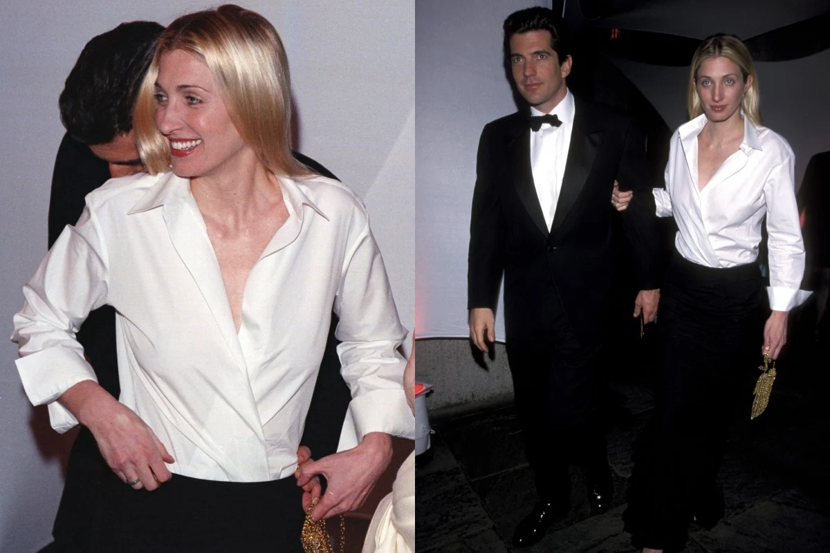 Sekret stylu Carolyn Bessette Kennedy Kobieta z blond włosami ubrana w białą koszulę i czarną spódnicę lub spodnie, trzymająca złotą torebkę, pozuje sama oraz w towarzystwie mężczyzny w czarnym smokingu.