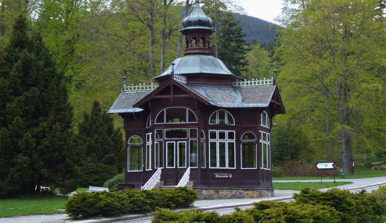 Drewniany pawilon o bogato zdobionej architekturze i licznych dużych oknach, otoczony zielenią drzew oraz niskimi krzewami, położony przy asfaltowej alejce w parku.