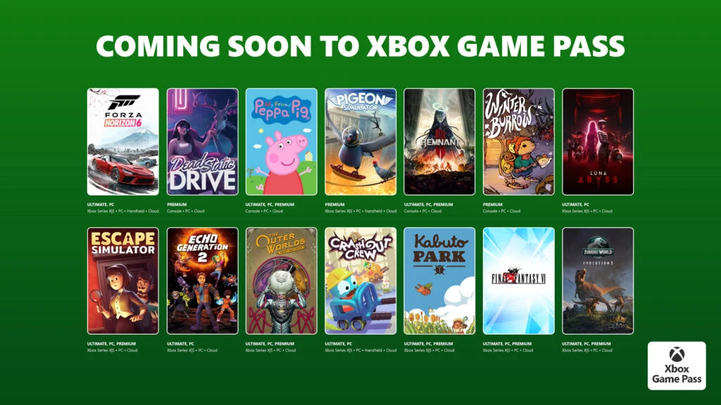 Kolaż okładek kilkunastu gier prezentowanych na zielonym tle promującym nową ofertę Xbox Game Pass, wśród których znajdują się różnorodne tytuły z wyraźnie widocznymi grafikami i logo poszczególnych produkcji.