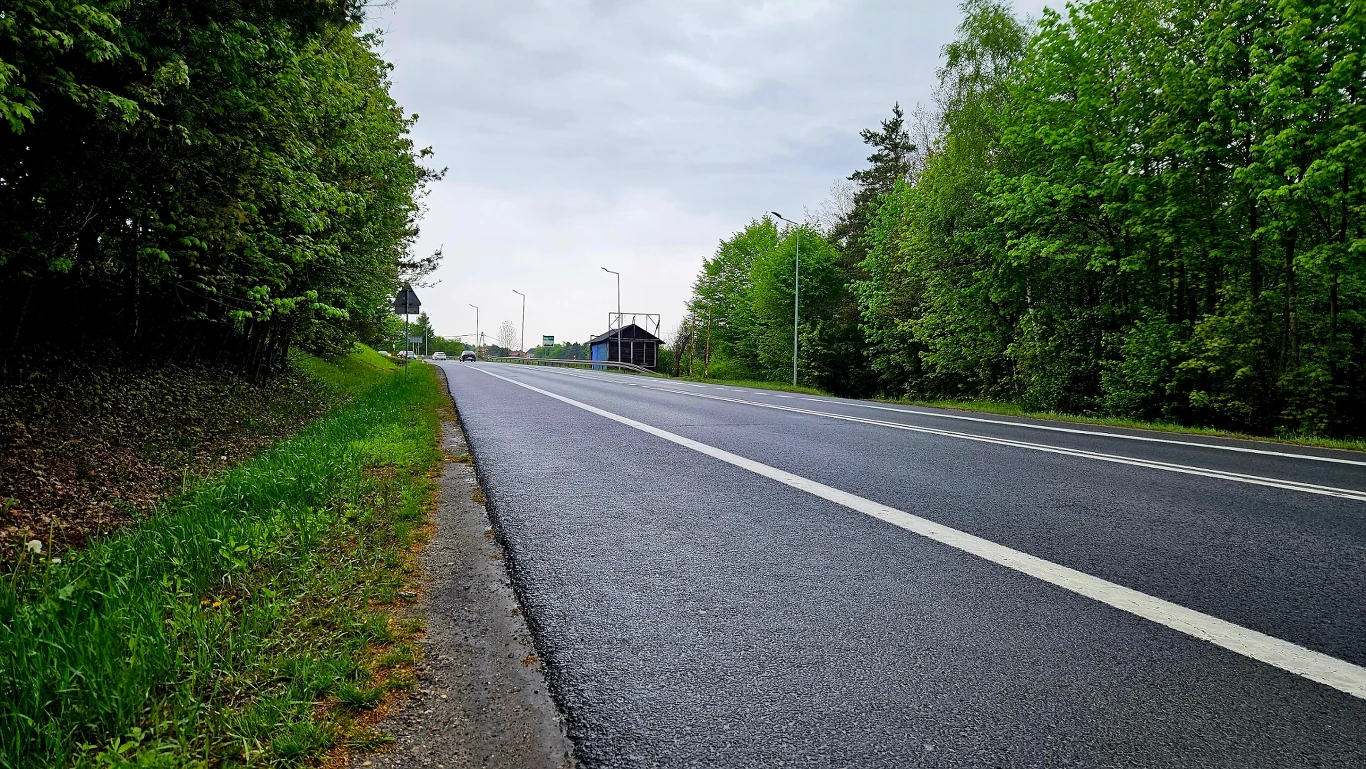 Asfaltowa droga biegnąca przez zielony las, po lewej przystanek autobusowy i latarnie uliczne, całość w otoczeniu świeżej, wilgotnej roślinności w pochmurny dzień.