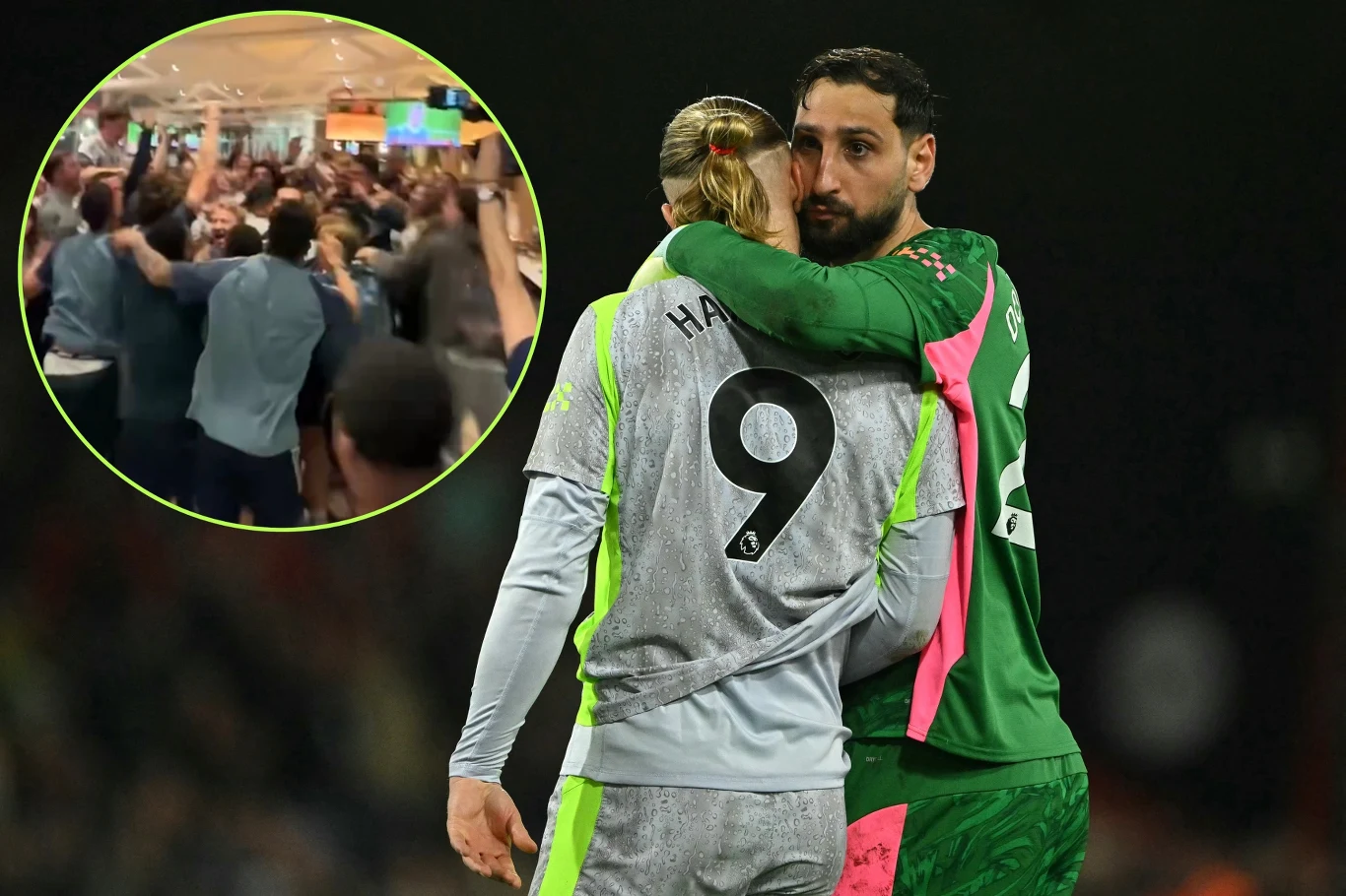 Remis w meczu Bournemouth - Manchester City wywołał eksplozję radości w szeregach graczy Arsenalu Dwóch piłkarzy City, jeden w zielonym stroju bramkarskim i drugi w szarym, obejmuje się na murawie; wstawka z Arsenalem