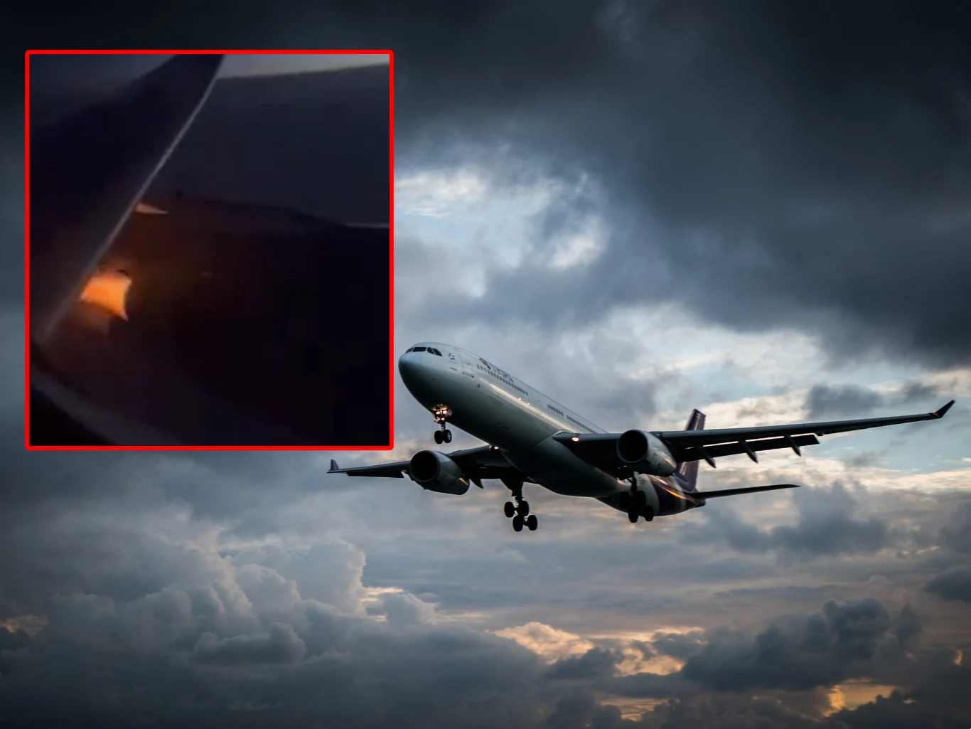 Dramatyczne chwile na pokładzie. Pilot bezpiecznie ląduje po eksplozji silnika Samolot pasażerski w locie, płomień widoczny przy silniku na tle burzowych chmur.