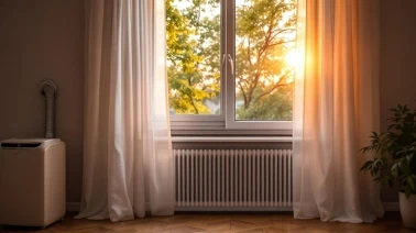 Klimatyzator przenośny w polskim mieszkaniu bloku, rura wentylacyjna wyprowadzona przez okno, ciepły letni wieczór
