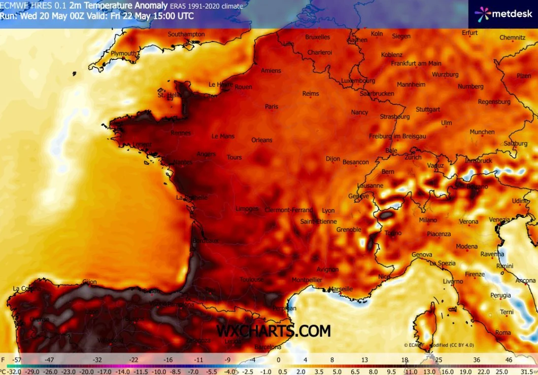 W Akwitanii niedługo temperatury dojdą do 35 stopni Mapa Europy Zachodniej z przedstawionymi anomaliami temperatury, pokazująca znacznie wyższe niż normalnie wartości w Hiszpanii, Francji, północnych Włoszech i północnych częściach Niemiec, zaznaczone intensywnymi odcieniami czerwieni i brązu.