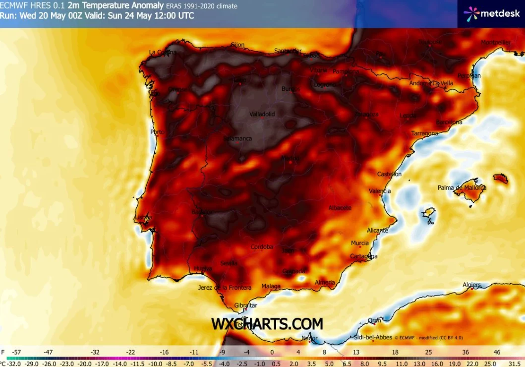 Duża część Półwyspu Iberyjskiego w najbliższych dniach znajdzie się pod wpływem afrykańskiego antycyklonu Mapa Półwyspu Iberyjskiego z zaznaczonymi anomaliami temperatury, ukazująca znacznie wyższe odśrednich wartości w centralnej i południowej Hiszpanii oraz Portugalii, prezentowana w odcieniach czerwieni i czerni, z legendą skali temperatury umieszczoną ...