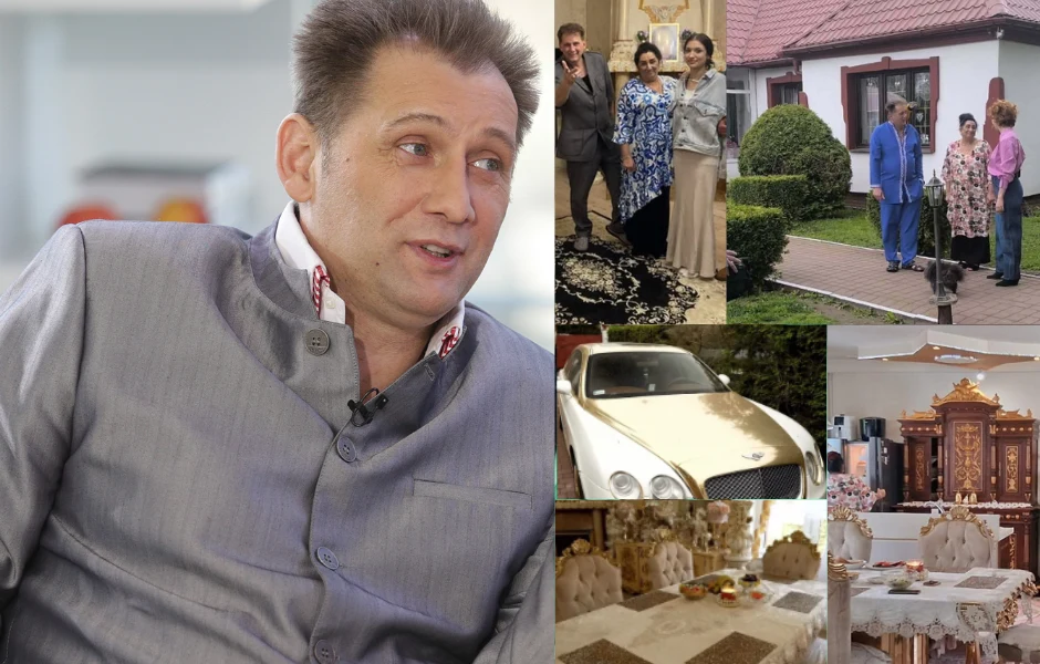 Trojanek pochwalił się pałacem Mężczyzna w jasnej marynarce siedzi i rozmawia, obok kolaż ukazujący luksusowy samochód, bogato zdobione wnętrza domu, wystawnie nakryty stół oraz grupę osób rozmawiających przed zadbanym domem.