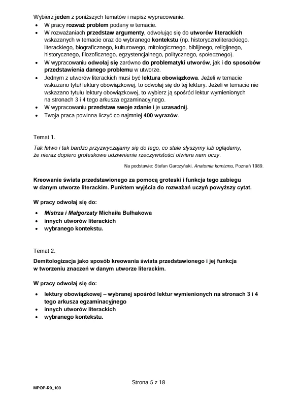 Matura 2026. Język polski, poziom rozszerzony Dwie propozycje tematów wypracowań maturalnych z języka polskiego wraz z wytycznymi dotyczącymi argumentacji oraz wykorzystania lektur obowiązkowych i wskazanych fragmentów, zestawione w układzie tabelarycznym z podziałem na temat, cytat otwierający i ...