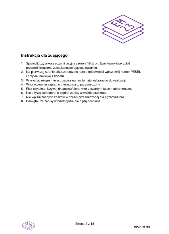 Matura 2026. Język polski, poziom rozszerzony Lista instrukcji dotyczących egzaminu umieszczona pod grafiką złożoną z trzech prostokątów z napisem 'EGZAMIN', numer strony oraz oznaczenie dokumentu umieszczone na dole.