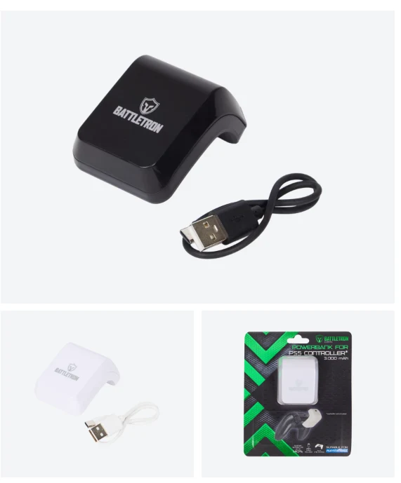 Stacja ładująca Battletron do kontrolera PS5 dostępna w kolorze czarnym i białym, wraz z kablem USB i oryginalnym opakowaniem produktowym.