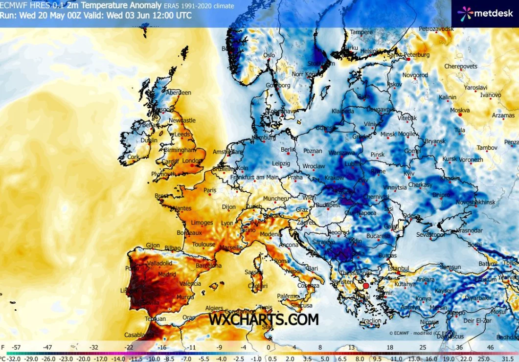 Na początku czerwca w całej Polsce możemy doświadczyć ujemnej anomalii temperatur. W kolejnych tygodniach powinno być już znacznie cieplej Mapa Europy ilustrująca odchylenia temperatury od średniej, z wyraźnymi wyższymi wartościami w Hiszpanii, Francji i na Wyspach Brytyjskich oraz obszarami znacząco chłodniejszymi obejmującymi Polskę, Niemcy, Ukrainę i większość Europy Środkowo-Wschodniej.